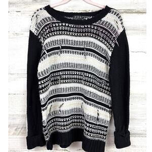 POL Womens S Black Pink Distressed Long Sleeve Cotton Boho Sweater NEW